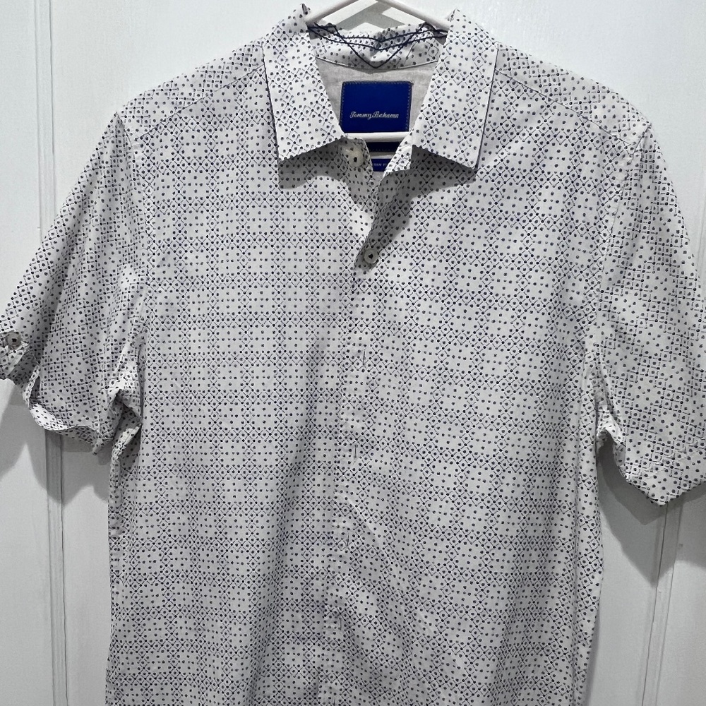 Men's Camp Shirt - White with Navy Design / men's Small